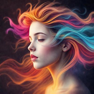 The primary subject of the image is a woman with long, colorful hair. She is looking at the camera with a pouty expression. The setting is a dark background, which contrasts with the woman's vibrant hair. The visual style is a digital art or illustration, as the woman's hair appears to be a mix of different colors. The overall atmosphere is one of beauty and allure, with the woman's striking appearance capturing the viewer's attention.